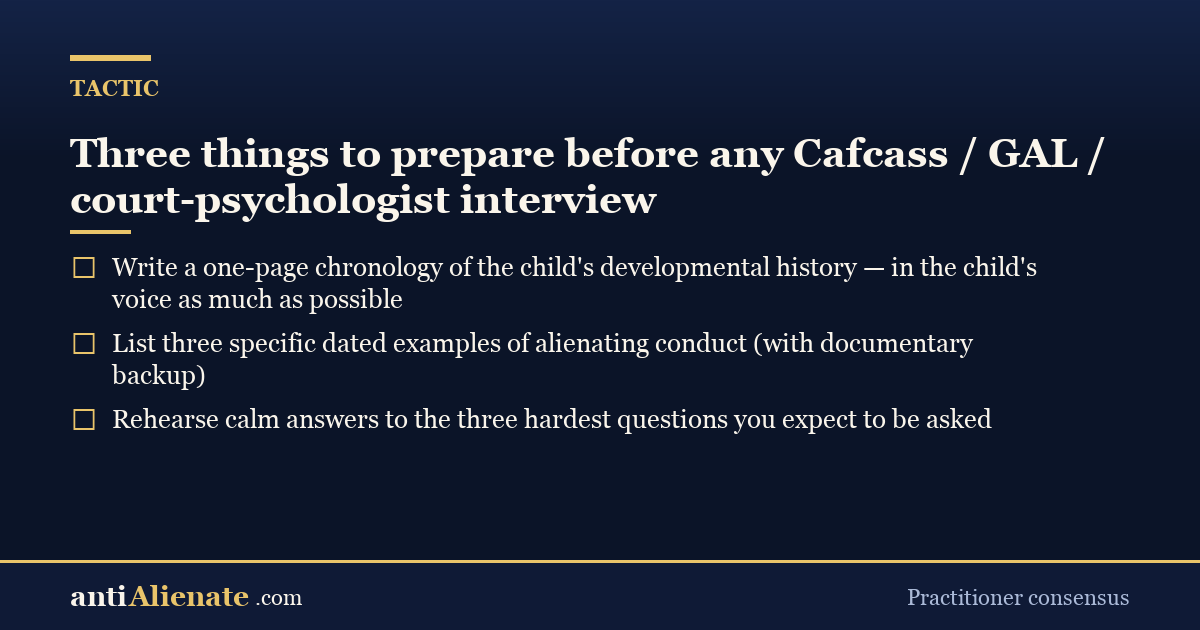 Three things to prepare before Cafcass / GAL / court-psychologist interview