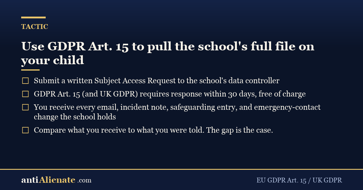 Use GDPR Art. 15 to pull the school's full file on your child